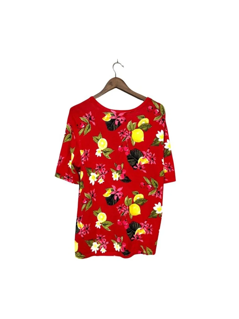 Christopher & Banks Red Floral & Lemon Print Short sleeve sweater Womens Size XL
